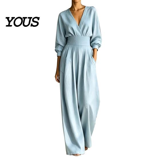 Everyday Wear Jumpsuit Women's Long Sleeve Jumpsuit, Deep V Neck Loose Wide Leg Plus Size Women Rompers, High Waist Summer Casual One Piece