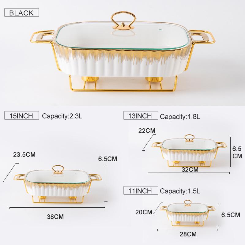 Rectangular Golden Ceramic Baking Casserole Pot with Stand