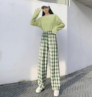 Women's Plaid Wide Leg Pants Mid-rise Straight Drapey Breathable Summer Preppy Long Trousers