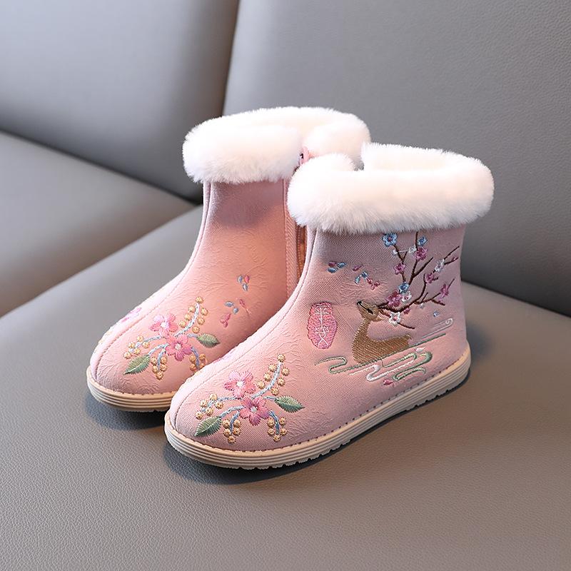 Girls Ethnic Style Embroidery Large Size Thick Bottom Winter Warm Fur One Snow Boots Thickened Lined Ankle Boots Non-slip Hiking Sports Cotton Boots