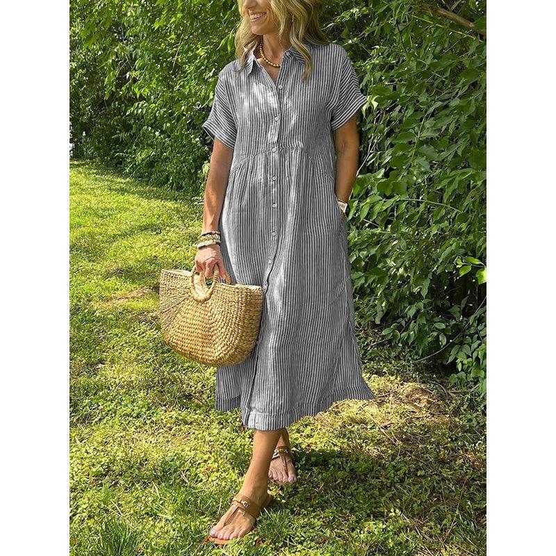 

Western Style New Fashion Casual Loose and Comfortable Stripe Short sleeve Dress Loose Striped Dress Grey 3XL