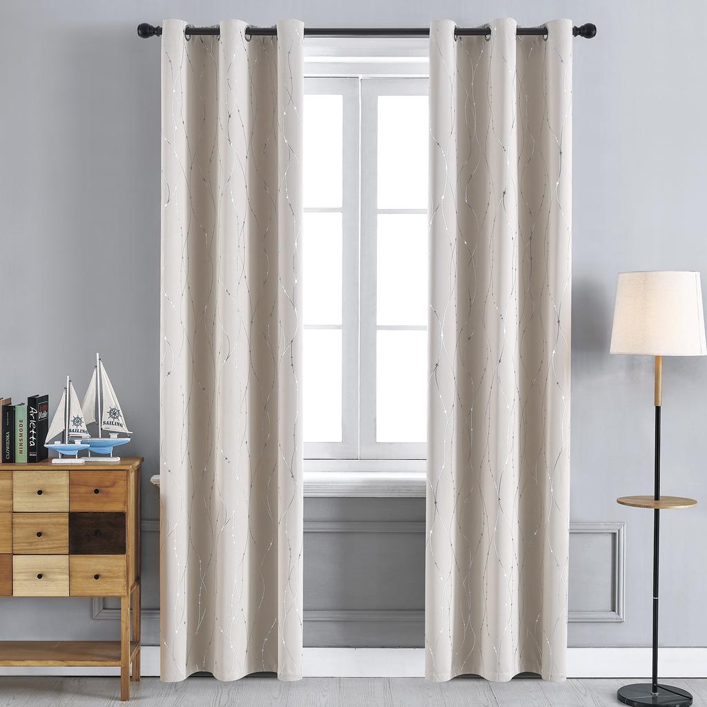 Blackout Curtains for Bedroom Noise Reducing Thermal Insulated Wave Line Foil Print Room Darkening for Living Room