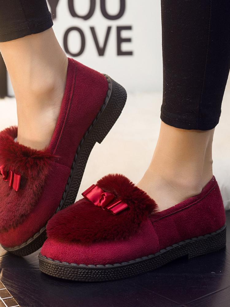 Fashion Women Casual Flat Shoes Soft Loafers Fashion Winter Shoes Comfort Warm Plush Bow Slip On Female Cotton Shoes Zapatos De Mujer