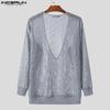 INCERUN Men Deep V Neck See Through Tops Casual Long Sleeve Fishnet Cover Up T-shirts