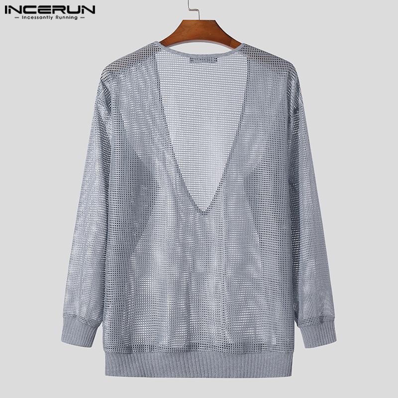 INCERUN Pánské topy s hlubokým výstřihem do V a průhledné, ležérní trička s dlouhým rukávem z rybí sítě