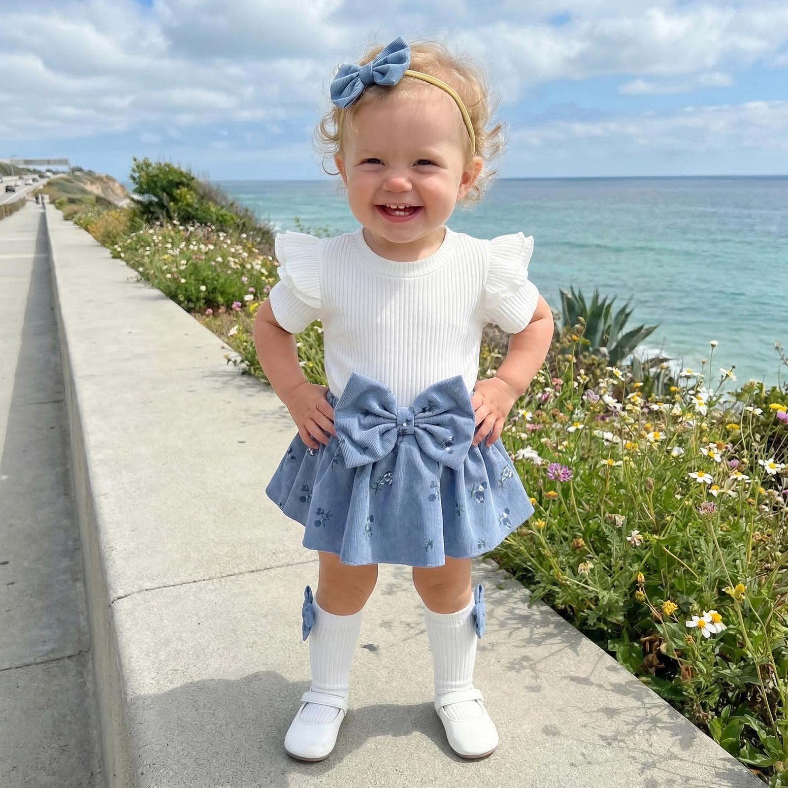 Children Clothing Yulin-001 Unisex Infant Baby Clothing Girls Summer Outfits Short Sleeve Skirt Romper + Long Socks + Headband Set Newborn Clothes Cm