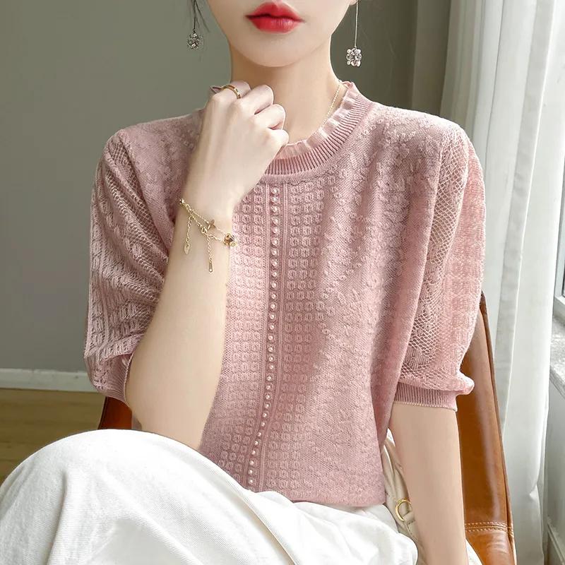 

Женский летний кружевной ажурный трикотажный топ с круглым вырезом и футболкой с рукавом пять четвертей 3XL розовый