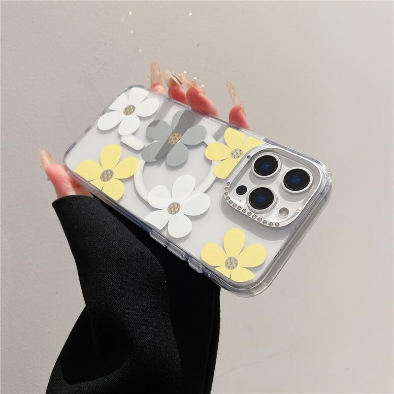 Applicable To Iphone16 Mobile Phone Case Diamond Lens Frame Apple 17 Transparent Magnetic Case Small Fresh Flower 15pro