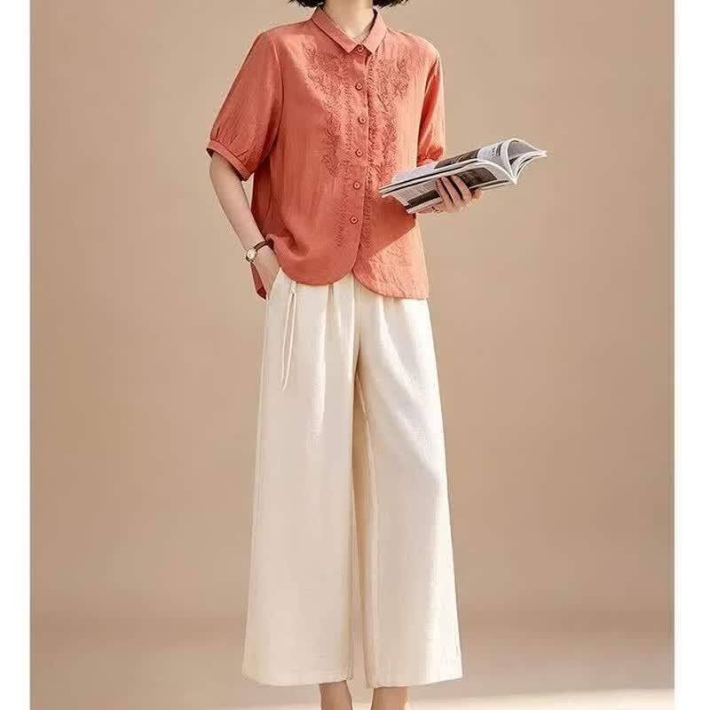 EST+II Gentle Embroidered Lapel Top & Wide-Leg Cropped Pants Set