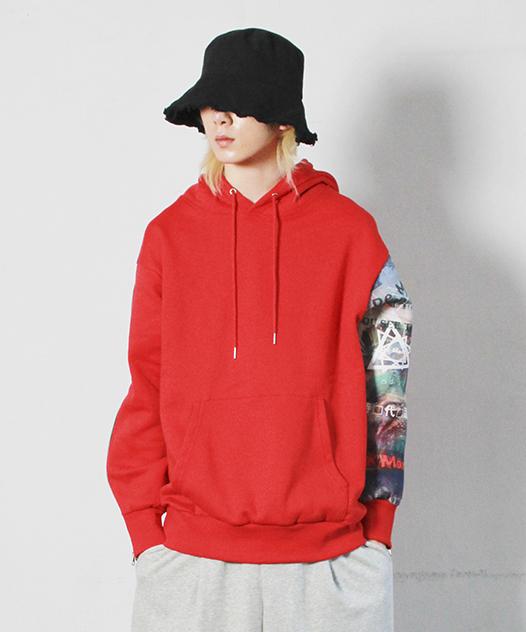 Zip-Up Sleeve Asymmetrical Graffiti Hoodie Fleece-Lined Red