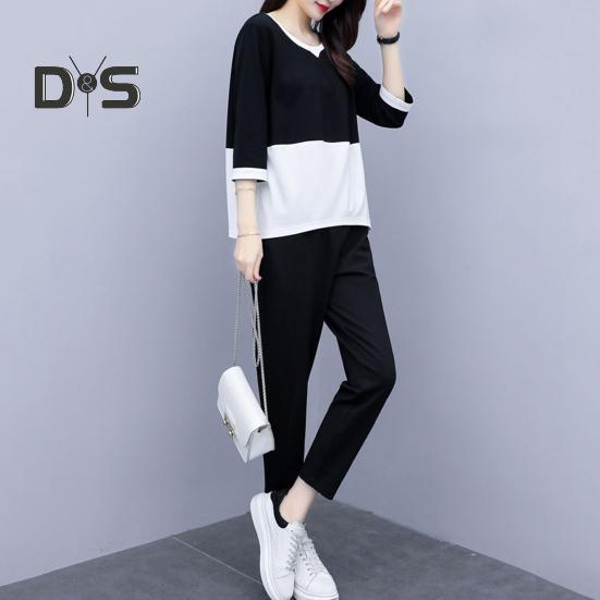 2 ks/sada Dámské tričko Kalhoty Set Sportovní oblečení Colorblock Top s kulatým výstřihem Poloviční rukáv Top Elastický pas Dlouhé Kalhoty Běžné kalhoty Top na dojíždění