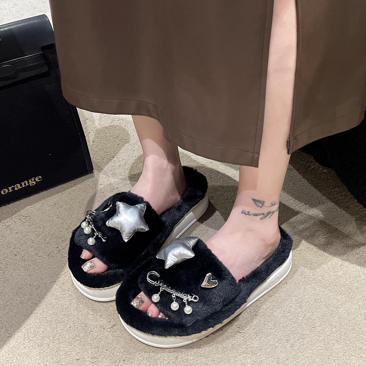 Модные зимние новые женские домашние однотонные тапочки из хлопка с жемчужной звездой — фото 8