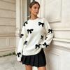 Dame Løstsiddende Langærmet Strikket Sweater Med Sløjfe Jacquard Rund Hals Vinter Afslappet Top