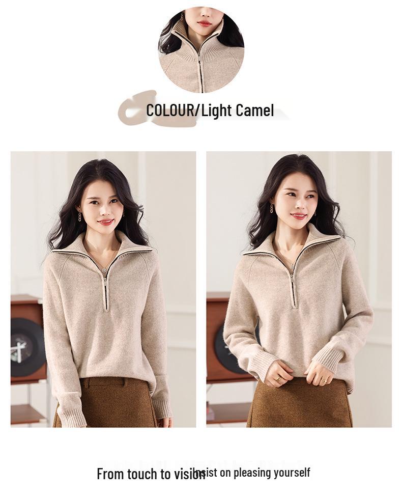 Women's Half Zip Lapel Cashmere Sweater - Loose Knit, Thick, 100% Pure Wool, Solid Color.