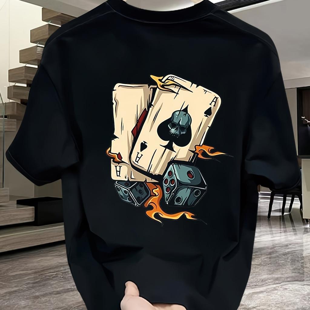 Men's Summer 100% Pure Cotton Fashionable Casual Loose Creative Poker and Dice Printed Sports Round Neck Short Sleeved T-shirt