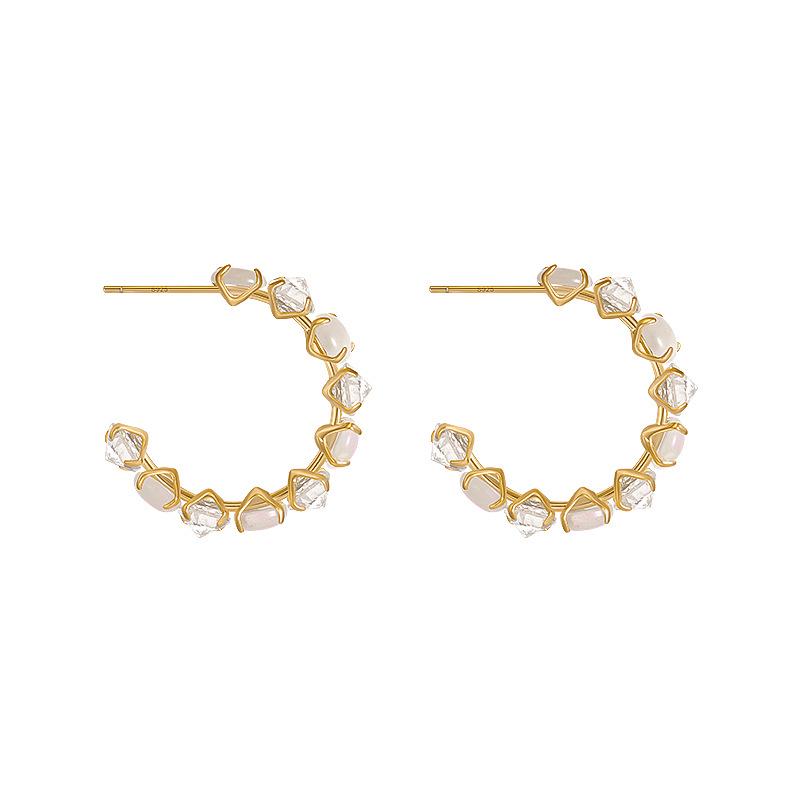 Gold-Plated Silver C-Shaped Ear Cuffs: Retro Geometric Design with Inlaid Diamonds for Women