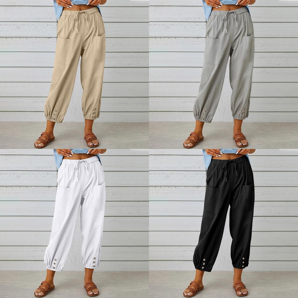 Polyester Blend Casual Pants For Women With Button Detail And Elastic Waist