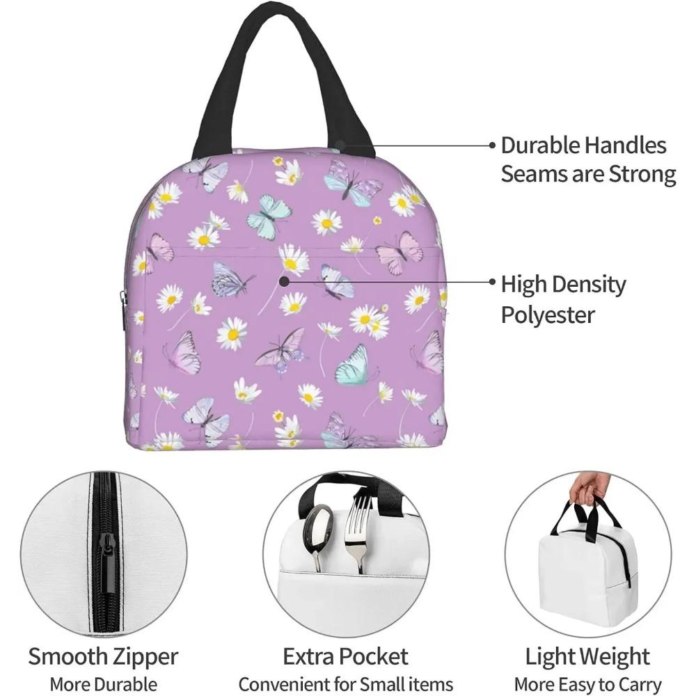 Daisy Flowers Butterfly Purple Lunch Bag Travel Work Bento Cooler Reusable Tote Picnic Boxes Insulated Container Bags for Women