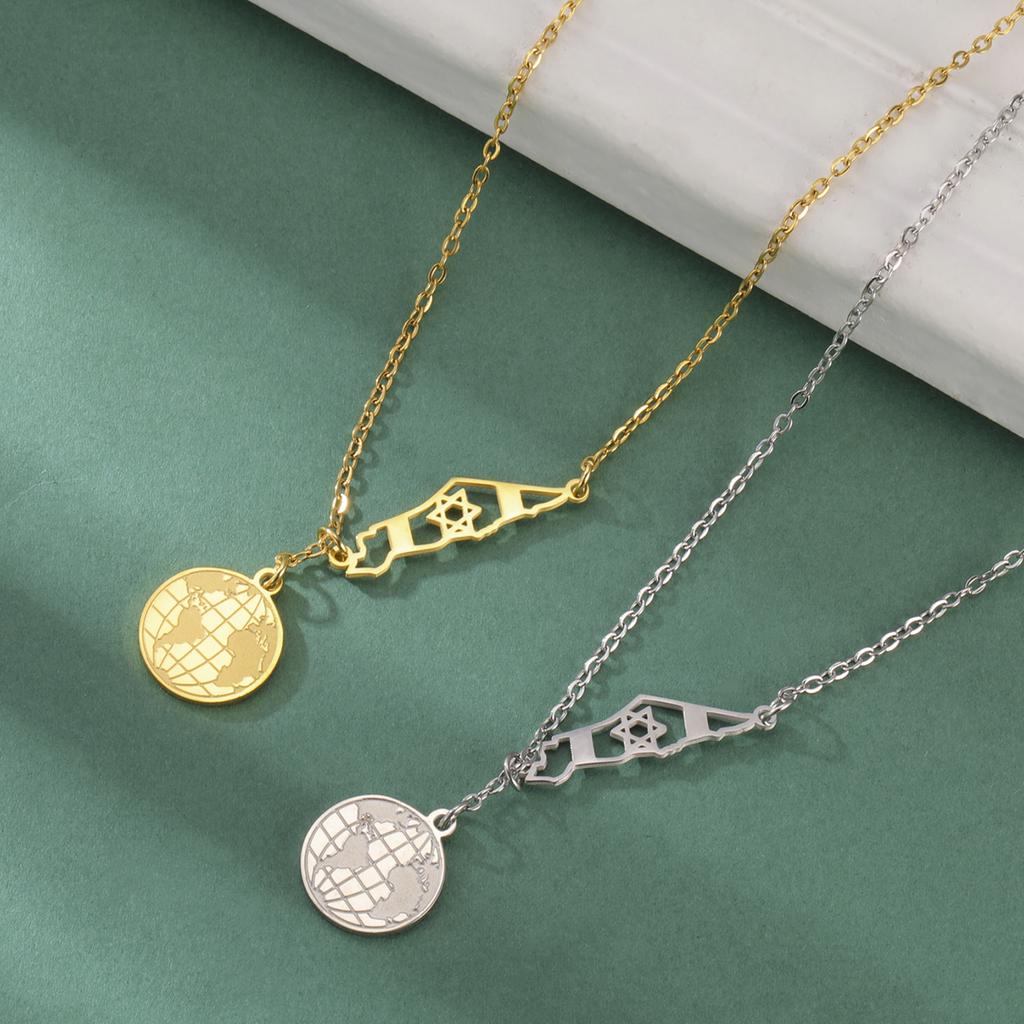 LIKGREAT World Map Israel Star of David Pendant Necklaces for Women Men Earth Globe Round Stainless Steel Necklace Jewelry Gifts