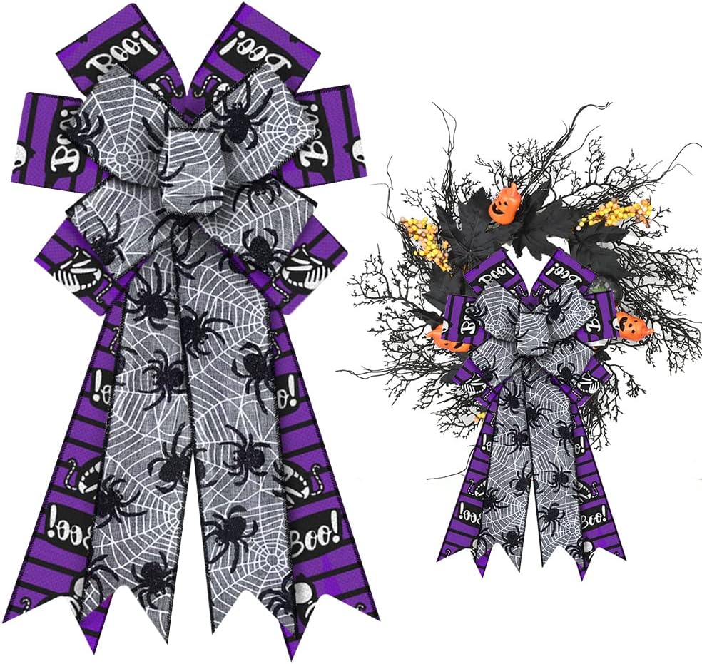 

Burlap Purple Skeleton Bow Large Halloween Decor Spider Web Black Bow for Indoor Outdoor Use Wall Tree Topper Front Door Decor 20.86 x 11.42 in