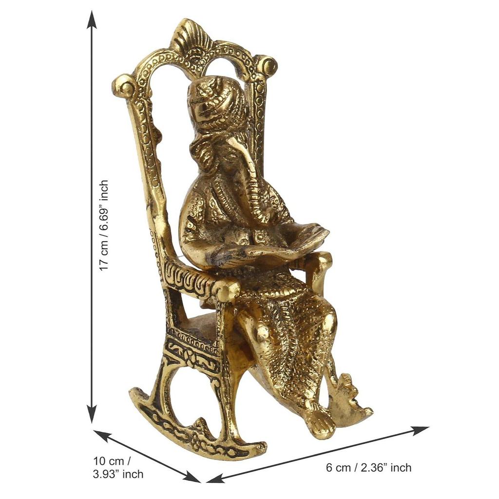 Golden Metal Lord Ganesha Idol Reading Book On Rocking Chair - Decorative Hindu God Statue for Home Decor - Gift for Diwali