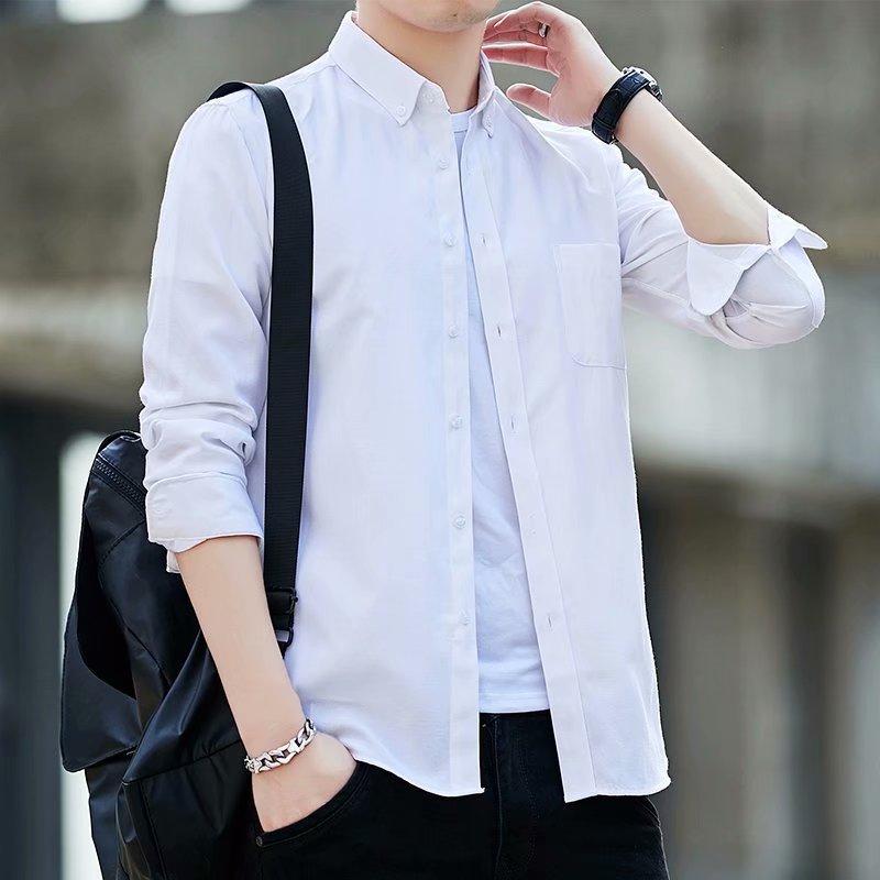 New Men's Long Sleeve Shirt Men's Oxford Casual Shirt Men's Slim Korean Solid Color Shirt