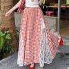 High-Waist A-Line Plaid Skirt with Lace Trim, Plus Size