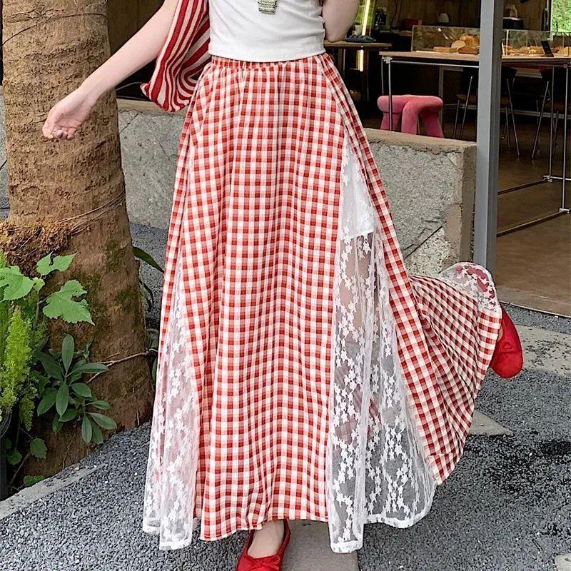 High-Waist A-Line Plaid Skirt with Lace Trim, Plus Size