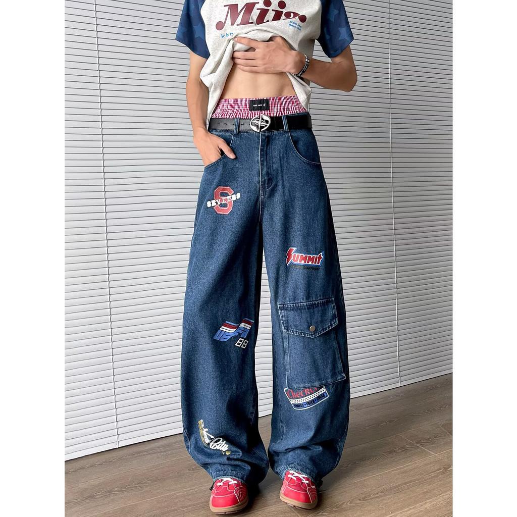 Jeans Larghi Unisex a Vita Media Deostrutturati Vestibilità Larga Vintage Americano Lavato Baggy in Denim Pantaloni Rilassati Lunghi Fino a Terra