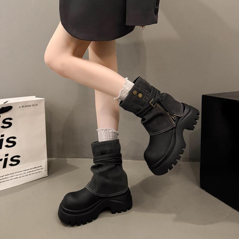 2025 New Denim Metal Buckle Platform Muffin Small Martin Boots Locomotive Boots Short Boots Pants Boots Women's Shoes