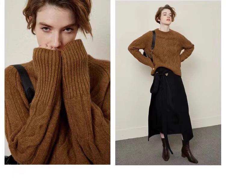 Women's Retro Cable Knit Cashmere Sweater - Thick, Cozy, Round Neck, Loose Fit for Autumn/Winter
