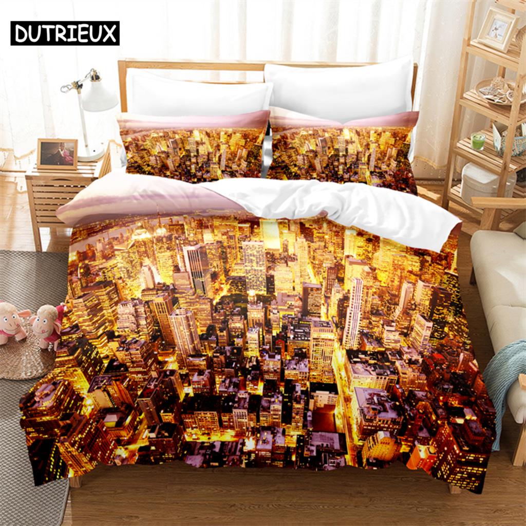 3D Digital Printing Fashion Design City Night Scene Beding Set, Quen Sized Dimensions Soft with Soft Fabric Duvet Cover Set