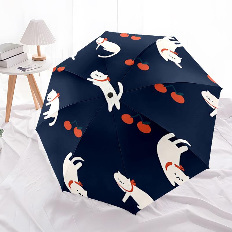 1pc Cherries Cats Automatic Folding Umbrella Portable Collapsible Design, 8-Rib Iron Frame, Durable Fabric, All-Season Casual Outdoor 150