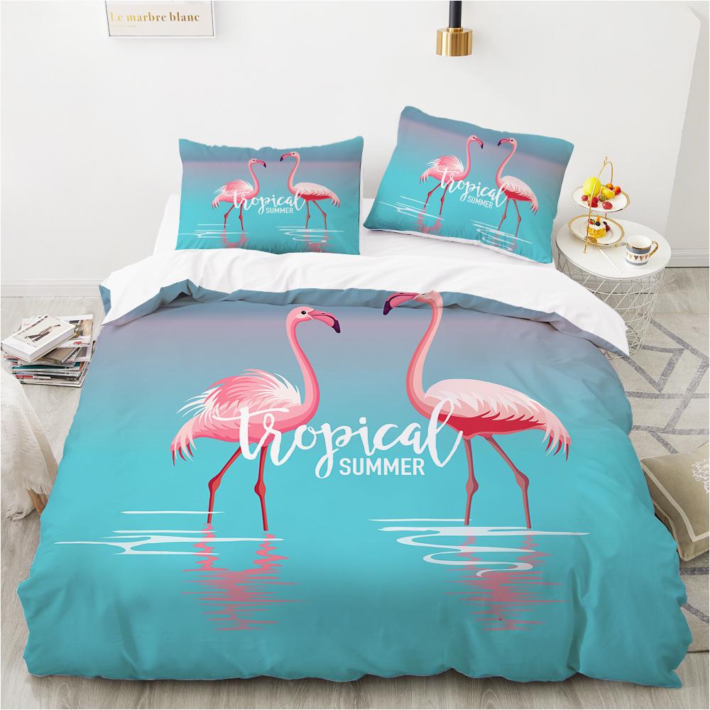 Animal Flamingo King Queen Duvet Cover Cartoon Pink Tropical Bird Bedding Set For Kids Teens Aduls Blue Soft 2/3pcs Quilt Cover