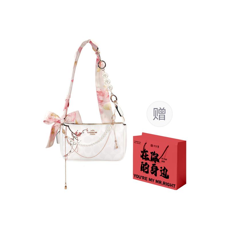 COACH shoulder bag [Customized bag] Nolita 19 Flower Shadows in the Clouds Hand-painted Pink Flower Silk Scarf Bow Pearl Chain Crossbody plum bossom