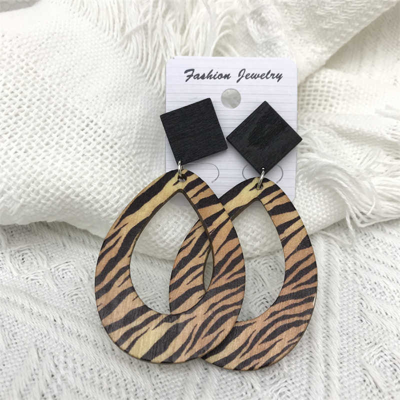 Raindrops Dangle Leopard Zebra Pattern Vintage Bohemian Style Earrings Wooden