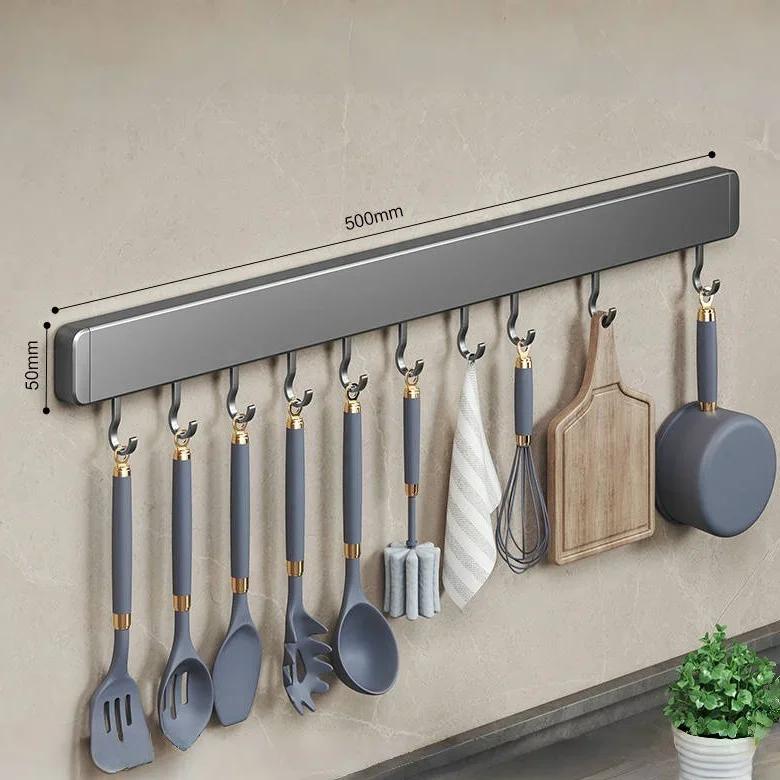 Kitchen Utensil Storage Organizer Non-perforated Wall Rack Movable Hook Spoon Holder Household Kitchen Mounted Arrangement Shelf