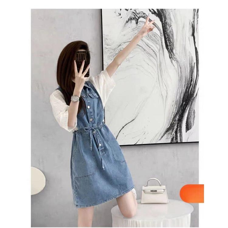 Summer French Style Denim Dress Women Casual Polo Collar Slim Fit Youthful Fashion