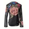 Women's Elegant Floral Print Crew Neck Long Sleeve T-Shirt - Semi-Sheer High Elasticity Top with Peony & Bird DesignSpring/Fall Casual Blouse