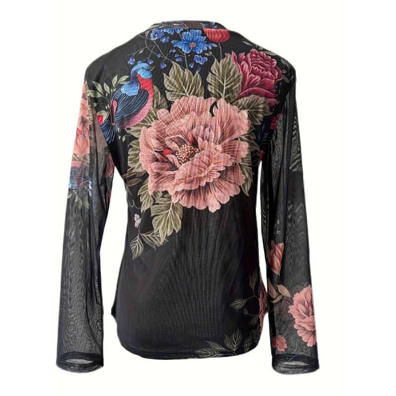 Women's Elegant Floral Print Crew Neck Long Sleeve T-Shirt - Semi-Sheer High Elasticity Top with Peony & Bird DesignSpring/Fall Casual Blouse