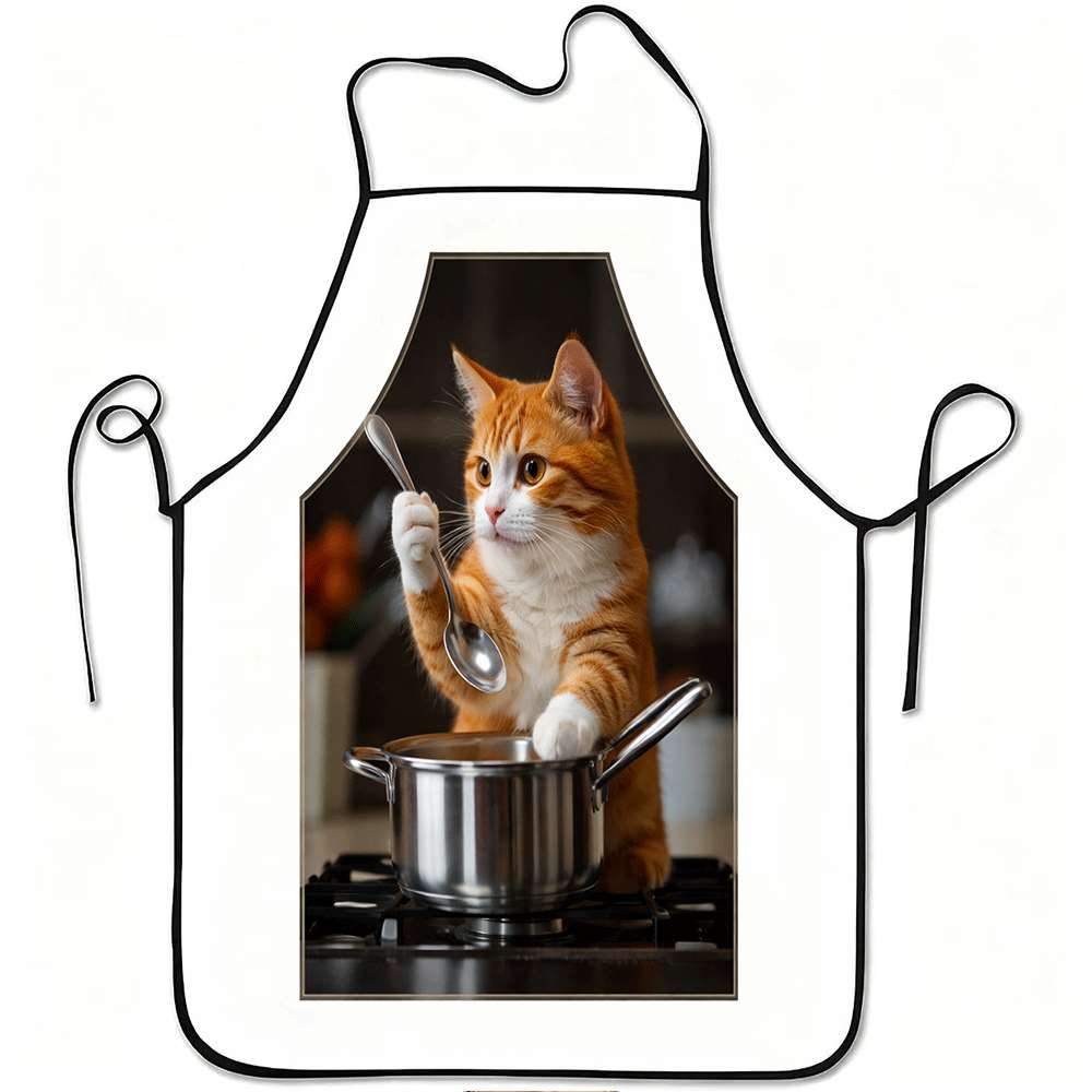 Милый кухонный фартук с котиком-поваром, Забавный рисунок котенка, готовящего суп, Кухонный фартук-нагрудник, Доступно в нескольких размерах 38X47cm(15X19in)