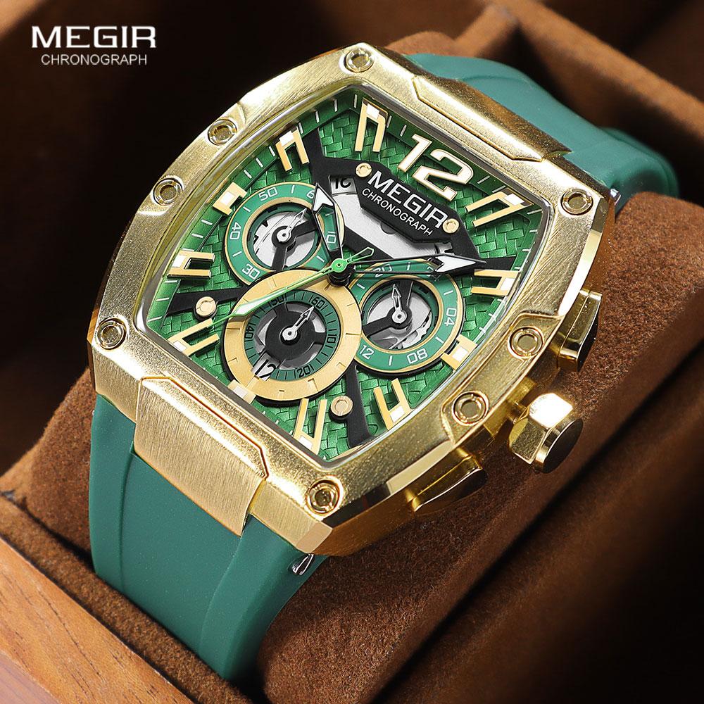 Megir Quartz Watch for Men Waterproof Silicone Strap Fashion Tonneau Case Chronograph Sport Wristwatch with Date Luminous Hands