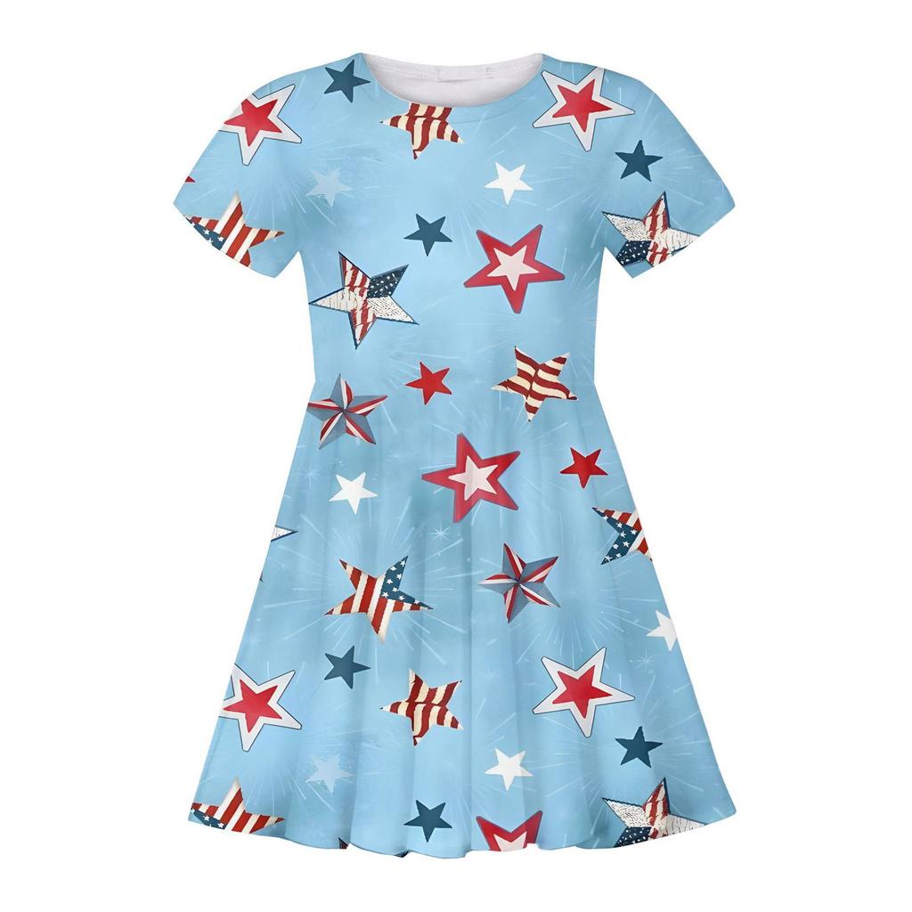 Summer Casual Loose Print Sweet Girl Short-sleeved Princess Independence Day Dress