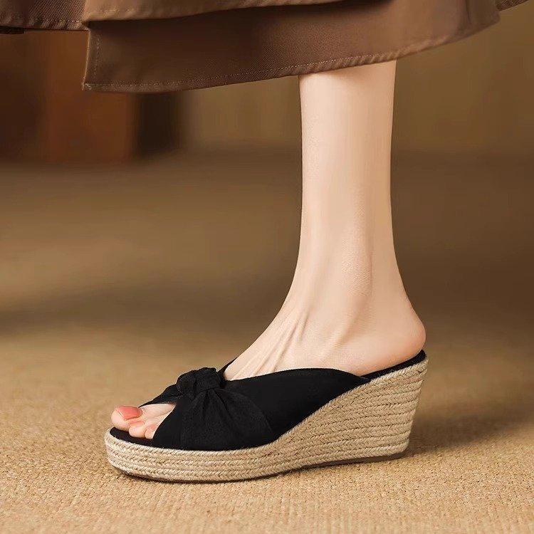 

Пеньковая веревка плетеная танкетка крутые шлепанцы новая летняя одежда однотонные ретро с рыбьим носком шлепанцы на высоком каблуке женские 40 чёрный