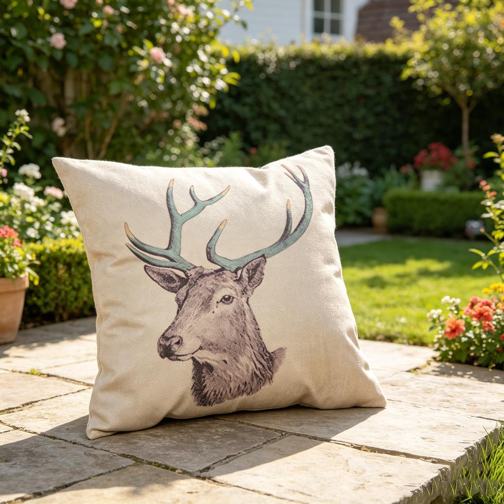 Vintage Deer Head Throw Pillow Cover, Rustic Linen Cushion Cover for Farmhouse & Cabin Home Decor