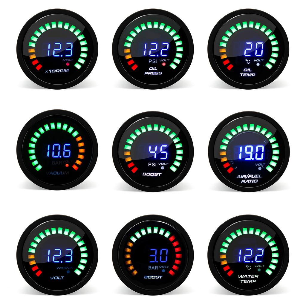 2" 52MM Digital Car gauge Tachometer BAR PSI Boost Vacuum Water Temp Oil Temp Oil Press Voltmeter Air Fuel Ratio EGT Temp meter