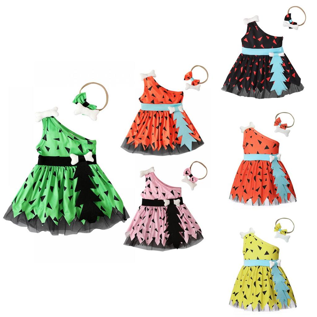 Childrens The Croods Halloween Girl Sleeveless Mesh Dress With Headband For Summer Party