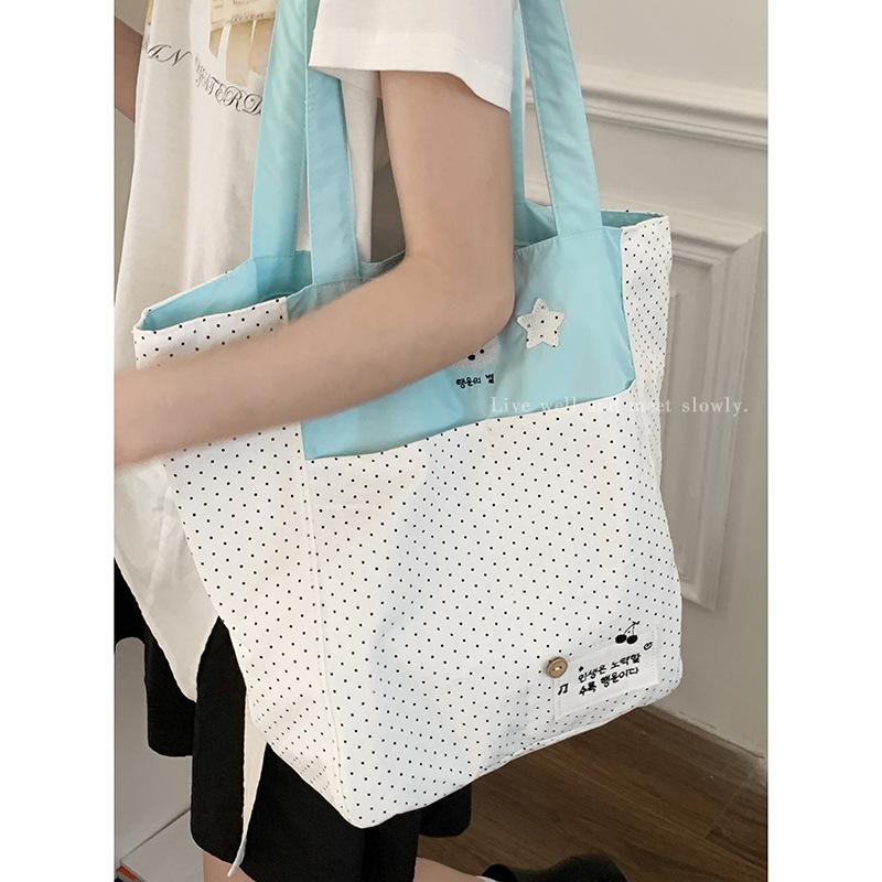 Cartoon Cute Polka Dot Canvas Bag Women 2025 New Fashion College Style Tote Bag Large Capacity Armpit Bag
