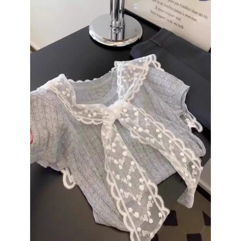 

Korean Series Retro Lace Shawl Stacked Gray Knitted Short sleeve Women Summer 2025 New Age-Reducing Design Sense Top Grey Premium L-(Suggested 52.50 kg-57.50 kg)