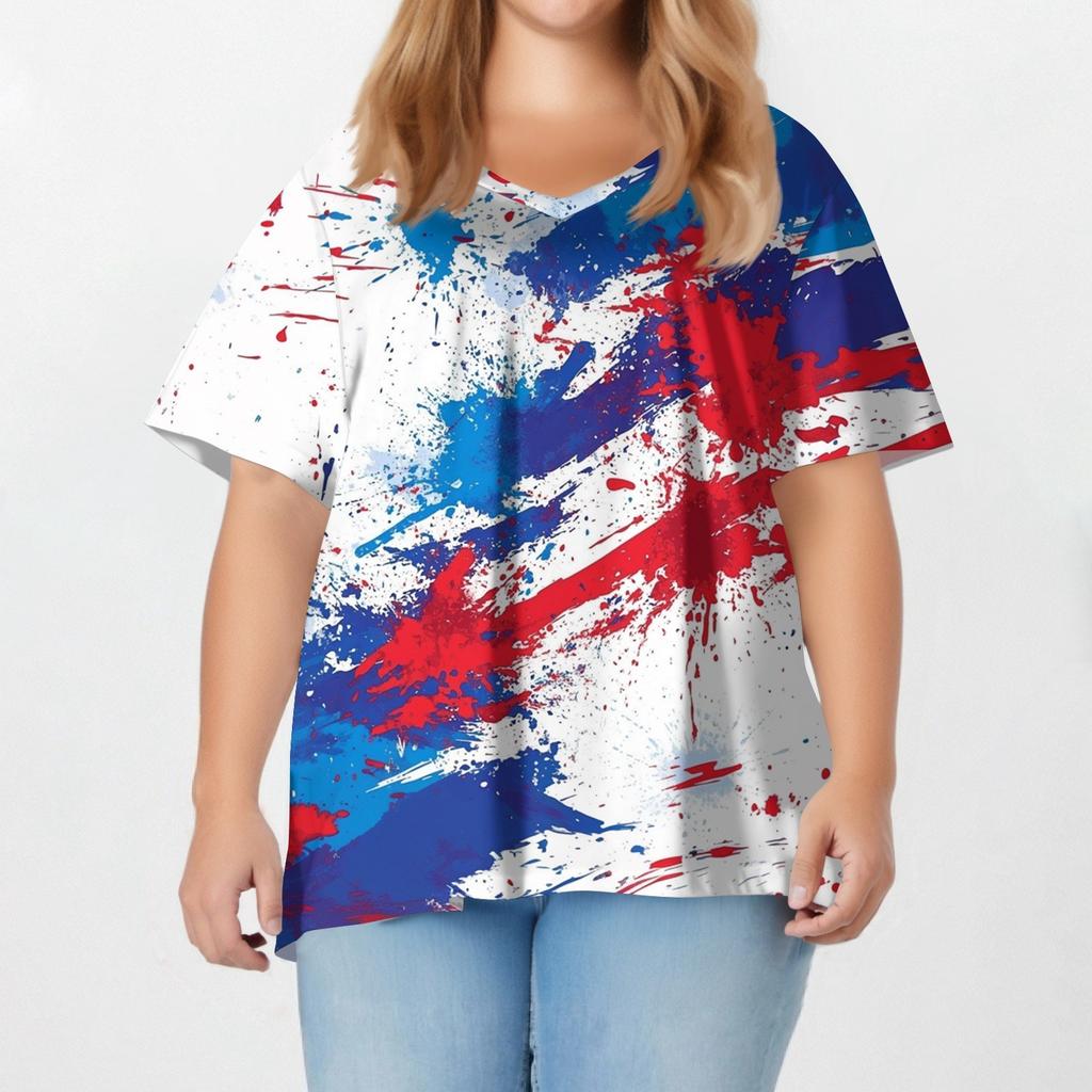 Women's Fashion Casual V-Neck Pullover Short Sleeve Large Size Printed T-Shirt Top